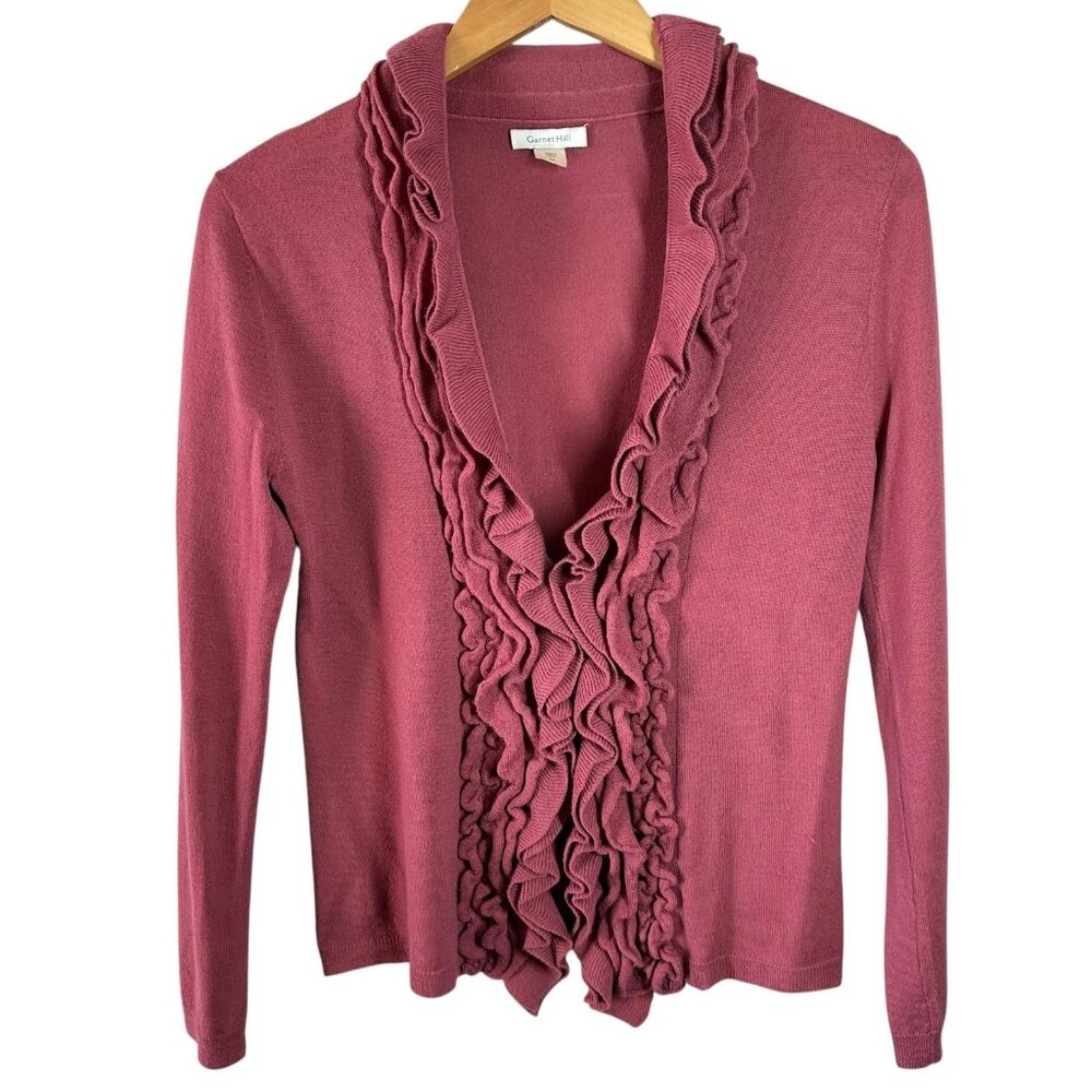 Garnet Hill Dusty Rose Merino Wool Ruffle Cardigan Sweater Size XS - Picture 2 of 5